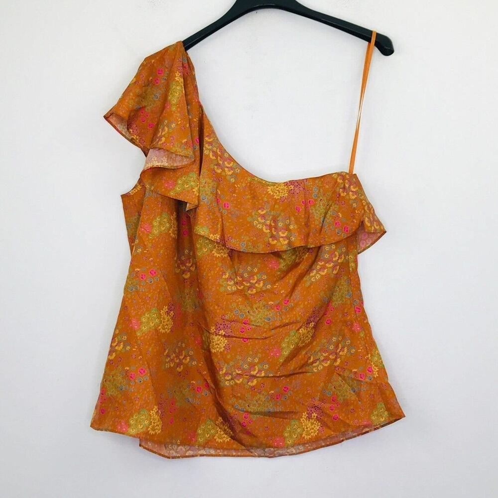 Rebecca Taylor Women 14 Blouse Orange Isabelle Floral One Shoulder 100% Silk BV3